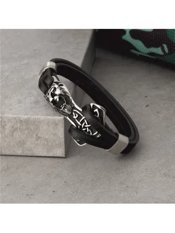 Erkek Çelik Ve Deri Bileklik Aslan Ve Çapa Figürlü