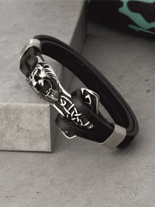 Erkek Çelik Ve Deri Bileklik Aslan Ve Çapa Figürlü