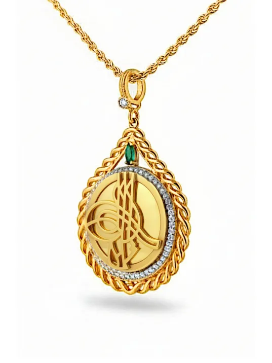 Kadın Gümüş Kolye - Damla Model Zümrüt Taşlı Osmanlı Tuğrası Desenli 22 Ayar Altın Kaplama Kolye