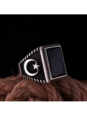 Erkek Gümüş Yüzük Ay Yıldız İşlemeli Siyah Oniks Taşlı Model2 Erkek Gümüş Yüzük