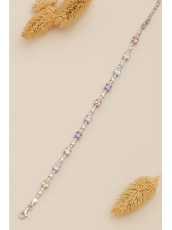 Kadın Gümüş Bileklik - Renkli Taşlı Kare Model Zirkon Süslemeli Kadın Bileklik