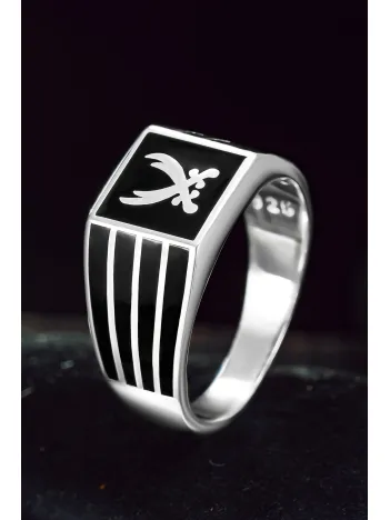 Erkek Gümüş Yüzük - Çift Zülfikar Kılıcı İşlemeli İnce Erkek Yüzük