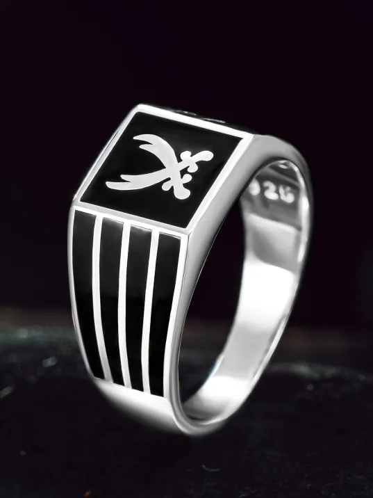 Erkek Gümüş Yüzük - Çift Zülfikar Kılıcı İşlemeli İnce Erkek Yüzük