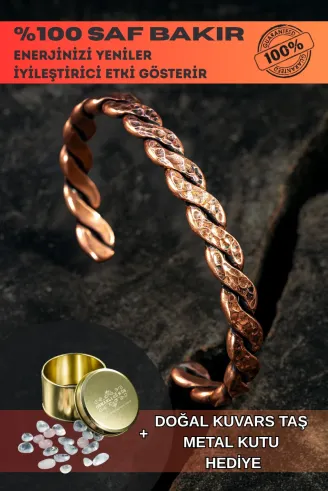 Saf Bakır Bileklik Otantik Model Örgü Metal Kutu Kuvars Taş, Kadın Erkek Kelepçe