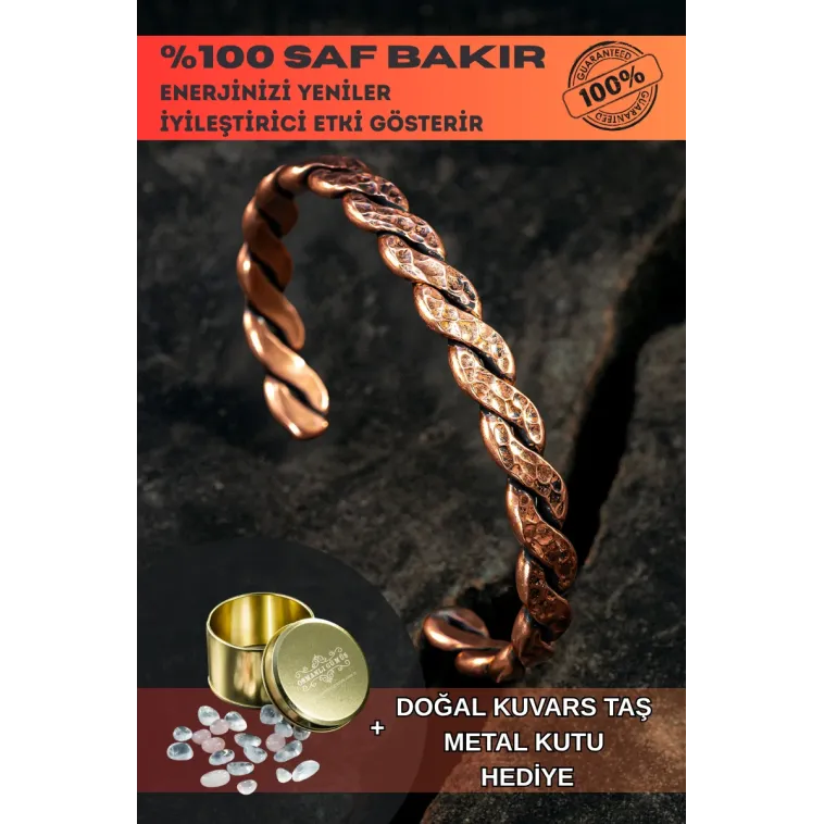 Saf Bakır Bileklik Otantik Model Örgü Metal Kutu Kuvars Taş, Kadın Erkek Kelepçe