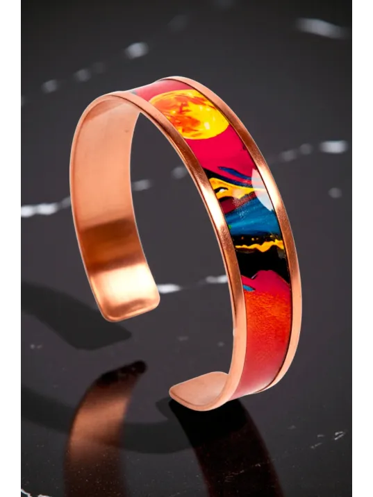 Kadın Bakır Bileklik Yüzük Set - Sun Love Model Özel Baskı Set Metal Kutu Ve Doğal Taşlar