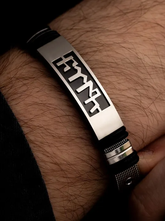 Göktürkçe Türk Yazılı Paslanmaz Çelik Erkek Bileklik Hasır Kordonlu