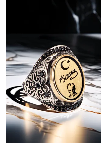 Erkek Mustafa Kemal Atatürk İmzalı Türk Bayrağı Zirkon Taşlı Gümüş Yüzük