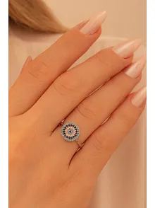 Kadın Gümüş Yüzük - Yuvarlak Model Nazar Boncuğu Motifli Kadın Yüzük
