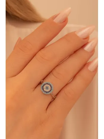 Kadın Gümüş Yüzük - Yuvarlak Model Nazar Boncuğu Motifli Kadın Yüzük