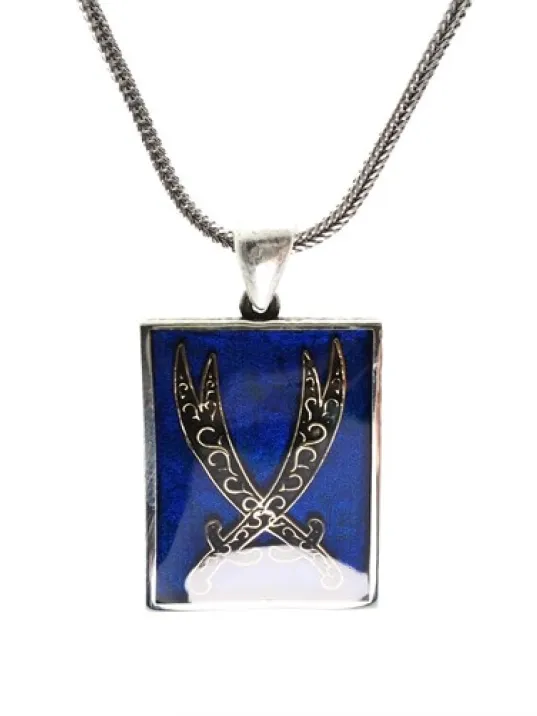 Mavi Mineli Çift Zülfikar Erkek Gümüş Kolye Zincir Orta Boy