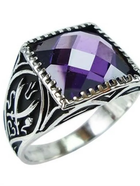 Ametist Taşlı Zülfikarlı Gümüş Erkek Yüzüğü