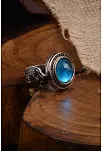 Blue Topaz Aqua Marin Taşlı Kubbe Model Yanı Teşkilat-ı Mahsusa İşlemeli Erkek Gümüş Yüzük