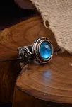 Blue Topaz Aqua Marin Taşlı Kubbe Model Yanı Teşkilat-ı Mahsusa İşlemeli Erkek Gümüş Yüzük