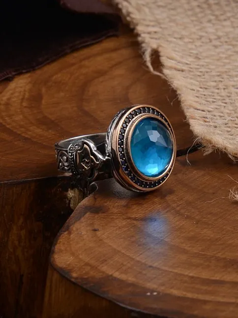 Blue Topaz Aqua Marin Taşlı Kubbe Model Yanı Teşkilat-ı Mahsusa İşlemeli Erkek Gümüş Yüzük