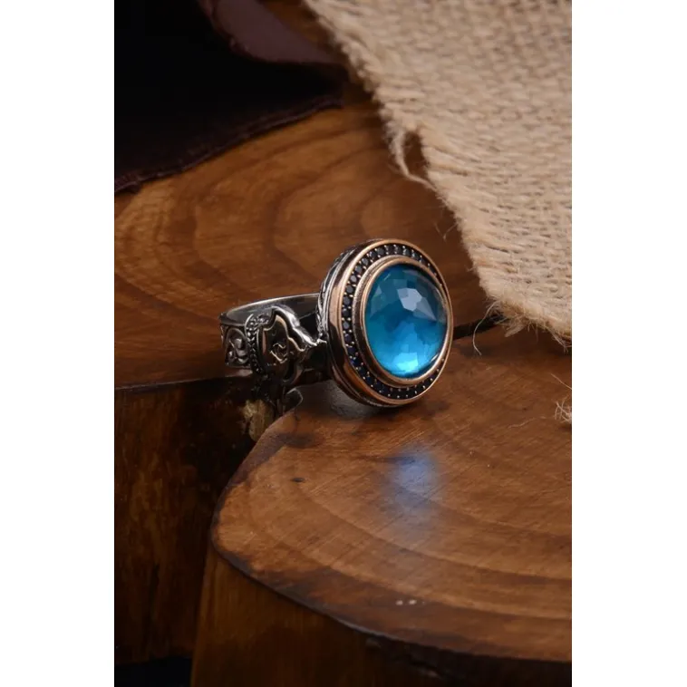Blue Topaz Aqua Marin Taşlı Kubbe Model Yanı Teşkilat-ı Mahsusa İşlemeli Erkek Gümüş Yüzük Blue Topaz Aqua Marin Taşlı Kubbe Model Yanı Teşkilat-ı Mahsusa İşlemeli Erkek Gümüş Yüzük