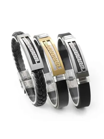Grek Desenli Deri Kauçuk Çelik Erkek Bileklik