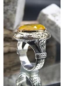 Sarı Paraiba Taşlı Yanları İşlemeli Oval 925 Ayar Gümüş Erkek Yüzük
