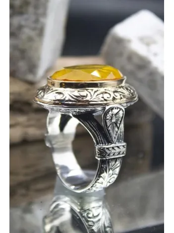 Sarı Paraiba Taşlı Yanları İşlemeli Oval 925 Ayar Gümüş Erkek Yüzük