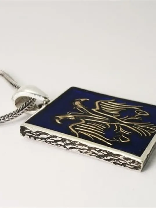 Mavi Mineli Çiftbaşlı Selçuklu Kartalı Erkek Gümüş Kolye Zincir Orta Boy