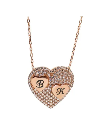 Kişiye Özel Harfli Kalpli Rose Renk Bayan Gümüş Kolye