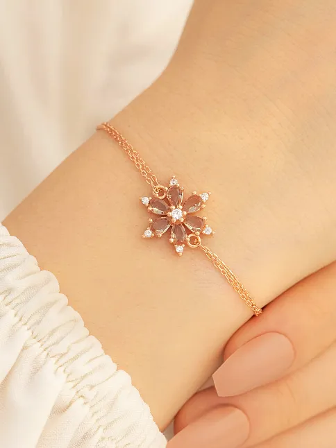 Kahverengi Taşlı Çiçek Model Rose Kadın Gümüş Bileklik