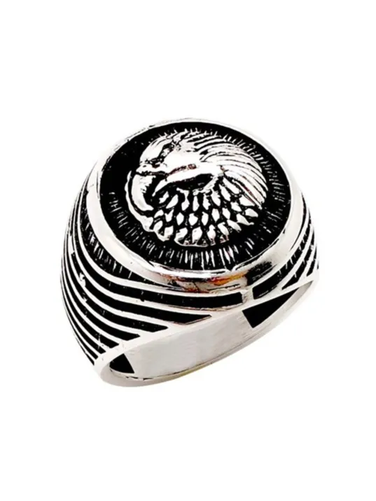 Erkek Gümüş Yüzük - Kartal Figürlü Oval Tasarım Gümüş Erkek Yüzük