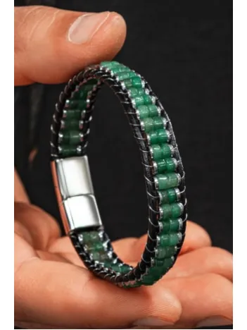Erkek Kadın Yeşil Hematit Taşlı Deri Kordon Doğal Taş Bileklik