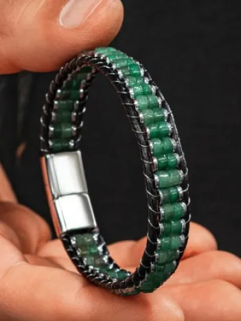 Erkek Kadın Yeşil Hematit Taşlı Deri Kordon Doğal Taş Bileklik