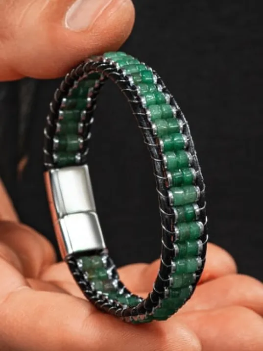 Erkek Kadın Yeşil Hematit Taşlı Deri Kordon Doğal Taş Bileklik