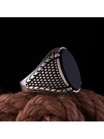 Erkek Gümüş Yüzük Gaye Siyah Oniks Taşlı Erkek Gümüş Yüzük