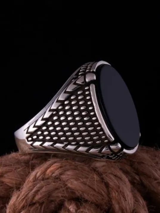 Erkek Gümüş Yüzük Gaye Siyah Oniks Taşlı Erkek Gümüş Yüzük