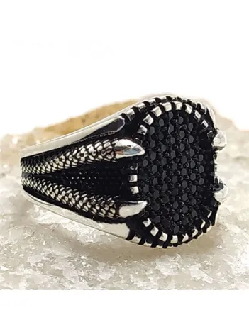 Siyah Mikro Taşlı Pençe Gümüş Erkek Yüzük