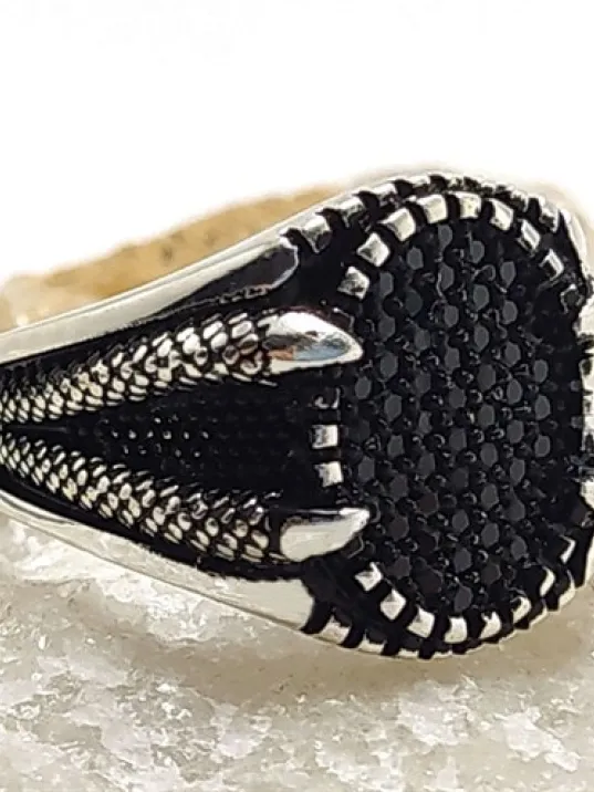 Siyah Mikro Taşlı Pençe Gümüş Erkek Yüzük