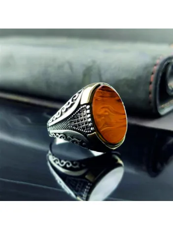 Mikro Taşlı Sarı Kehribar Gümüş Erkek Yüzük GYZGMSBGUMU