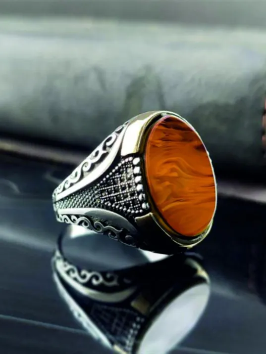 Mikro Taşlı Sarı Kehribar Gümüş Erkek Yüzük GYZGMSBGUMU