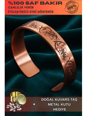 Kadın Bakır Bileklik - Çiçek Model Kadın Bakır Kelepçe Bileklik Bilezik Metal Kutu ve Kuvars Taşı