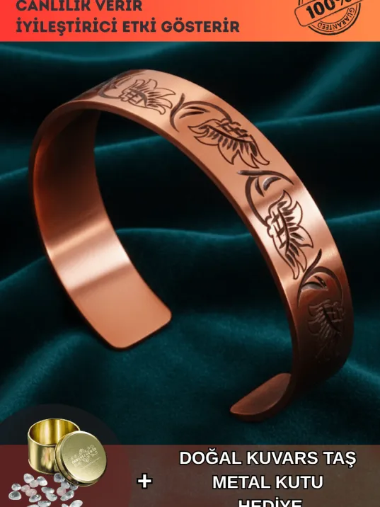 Kadın Bakır Bileklik - Çiçek Model Kadın Bakır Kelepçe Bileklik Bilezik Metal Kutu ve Kuvars Taşı