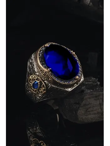 Safir Taşlı Yanları Zirkon Taş Erkek 925 Ayar Gümüş Yüzük GYZLCVRTPRB-GMS