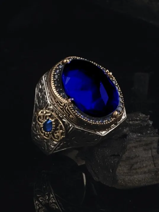 Safir Taşlı Yanları Zirkon Taş Erkek 925 Ayar Gümüş Yüzük GYZLCVRTPRB-GMS