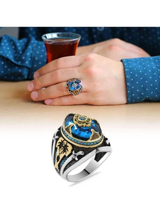 Erkek Gümüş Yüzük - Ay Yıldız İşlemeli Aqua Marin Taşlı 925 Ayar Gümüş Erkek Yüzük