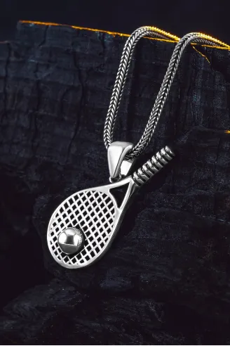 925 Ayar Gümüş Tenis Raketi Kolye Tenis Topu Detaylı Spor Temalı Erkek Kolye