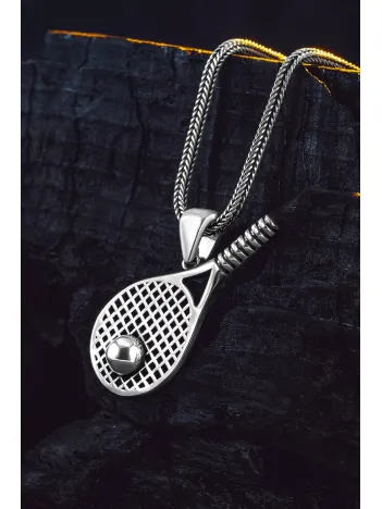 925 Ayar Gümüş Tenis Raketi Kolye Tenis Topu Detaylı Spor Temalı Erkek Kolye