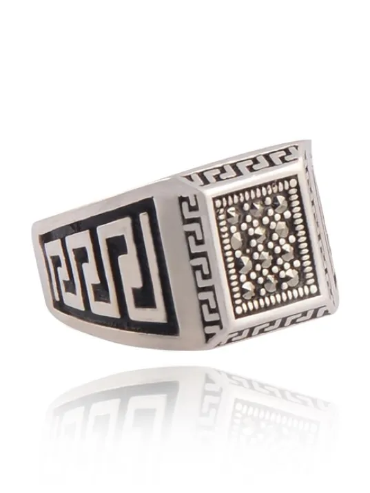 Markazit Küçük Kare Model Taşlı Erkek Gümüş Yüzük