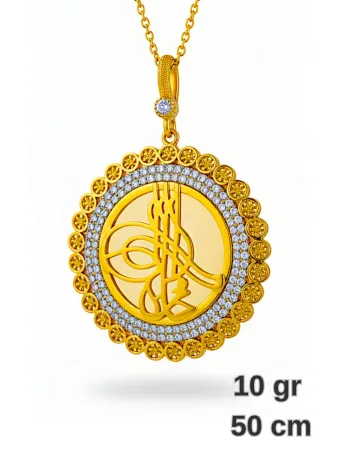 Kadın Gümüş Kolye - Osmanlı Tuğrası Motifli 22 Ayar Altın Kaplama Zirkon Taşlı Gümüş Kadın Kolye