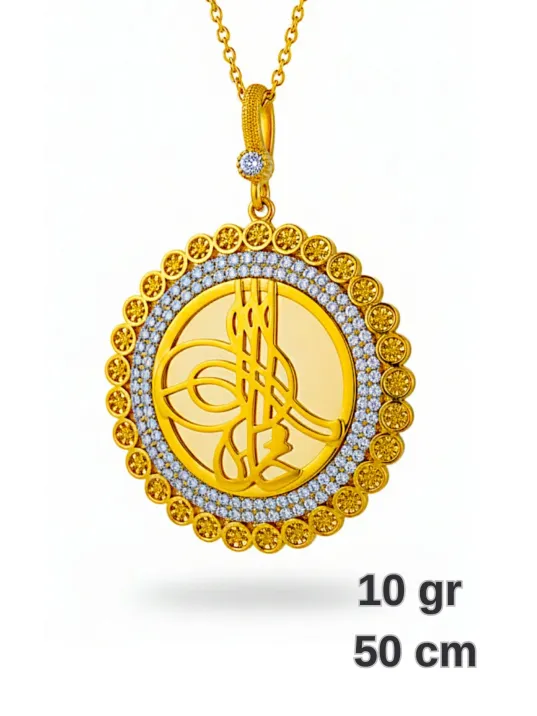 Kadın Gümüş Kolye - Osmanlı Tuğrası Motifli 22 Ayar Altın Kaplama Zirkon Taşlı Gümüş Kadın Kolye