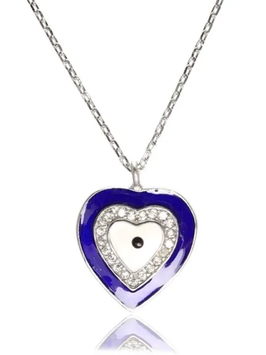 Kalpli Nazarlıklı Mavi Bayan Gümüş Kolye Küçük Boy