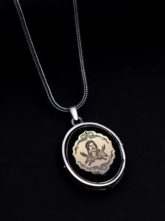 Çift Taraflı Hz Ali Ve Zülfikar Figürlü Erkek Gümüş Kehribar Kolye