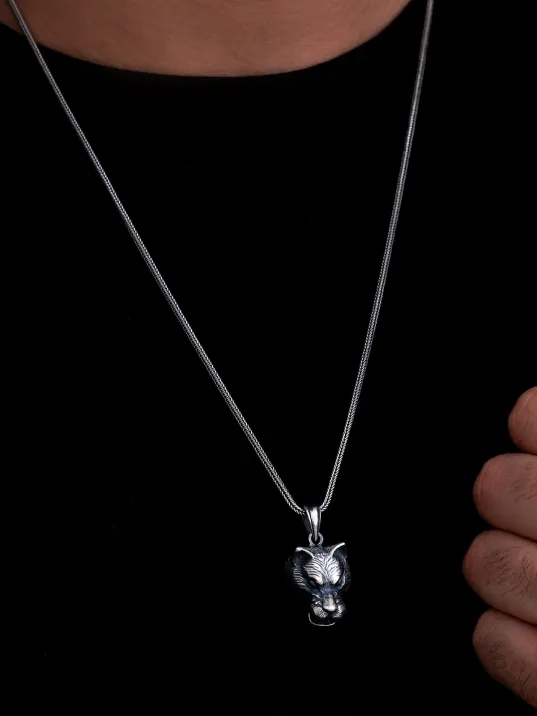 Erkek Gümüş Kolye - Pars Kafası Figürlü Tilki Kuyruğu Zincir Erkek Kolye