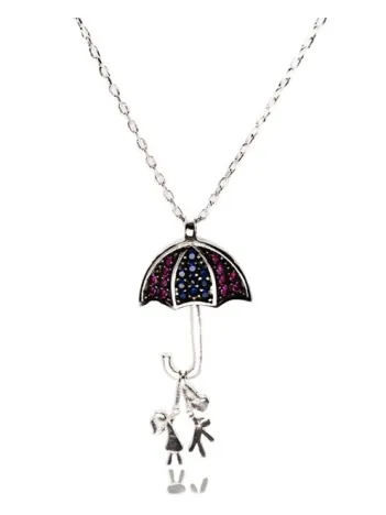 Şemsiyeli Kız Ve Erkek Çocuklar Gümüş Bayan Kolye